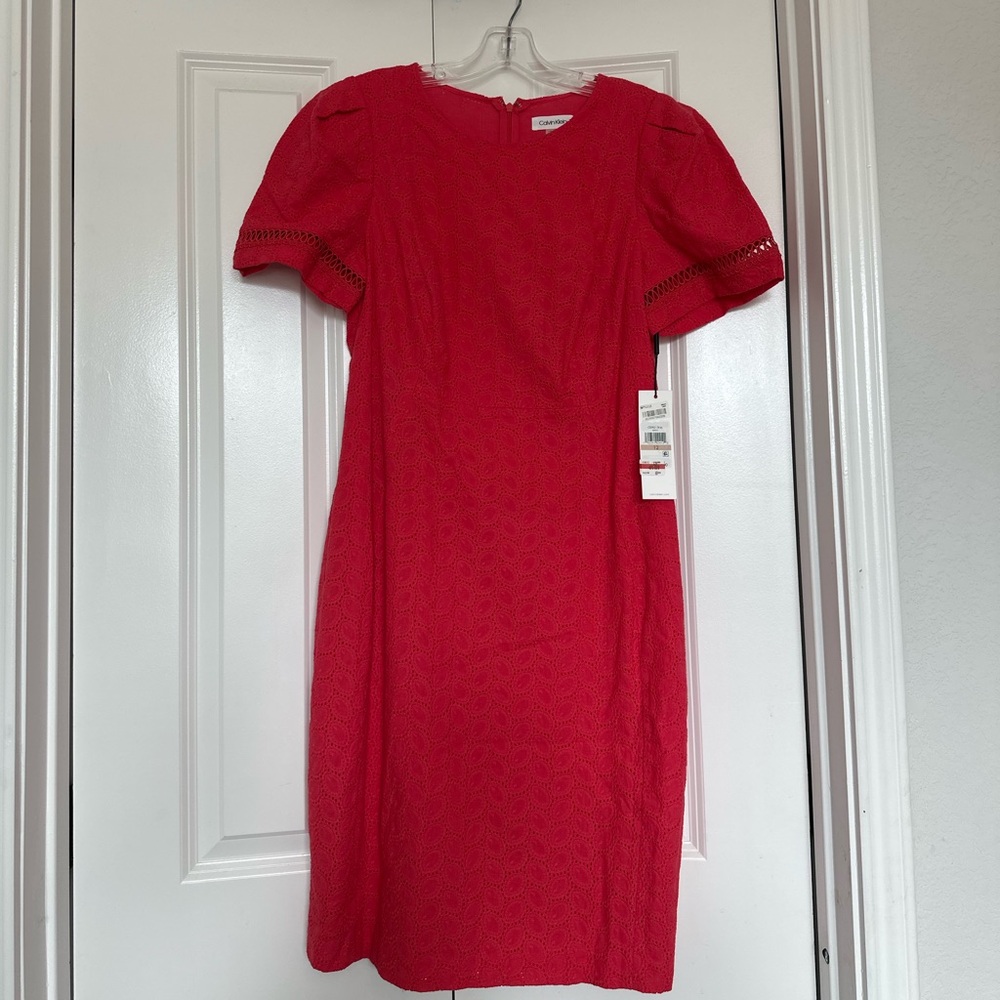 Calvin Klein dark salmon Puff Sleeve Sheath Midi Dress